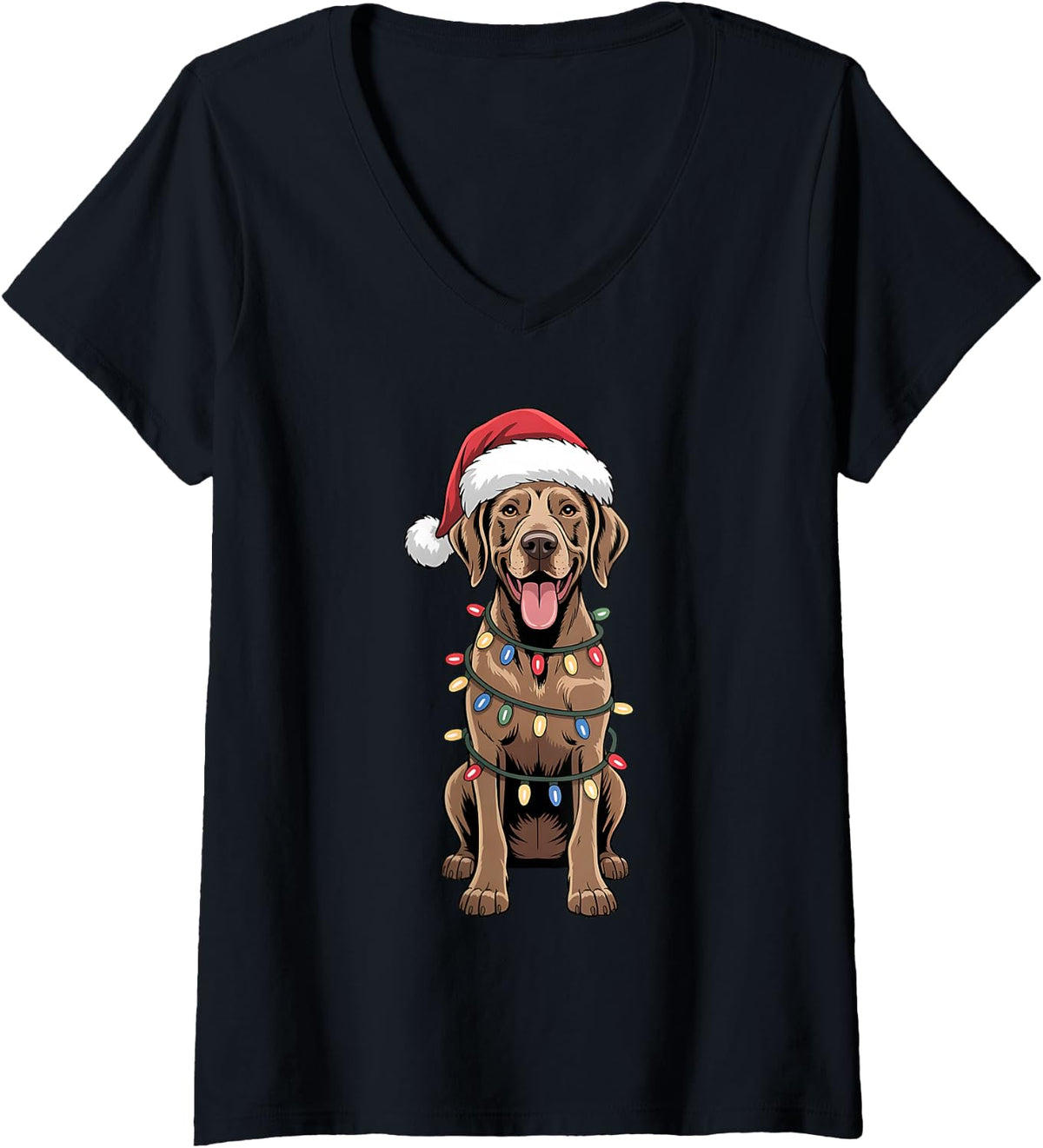 Women's Christmas German Shorthaired Pointer Dog Lights Xmas V-Neck T-Shirt - Black