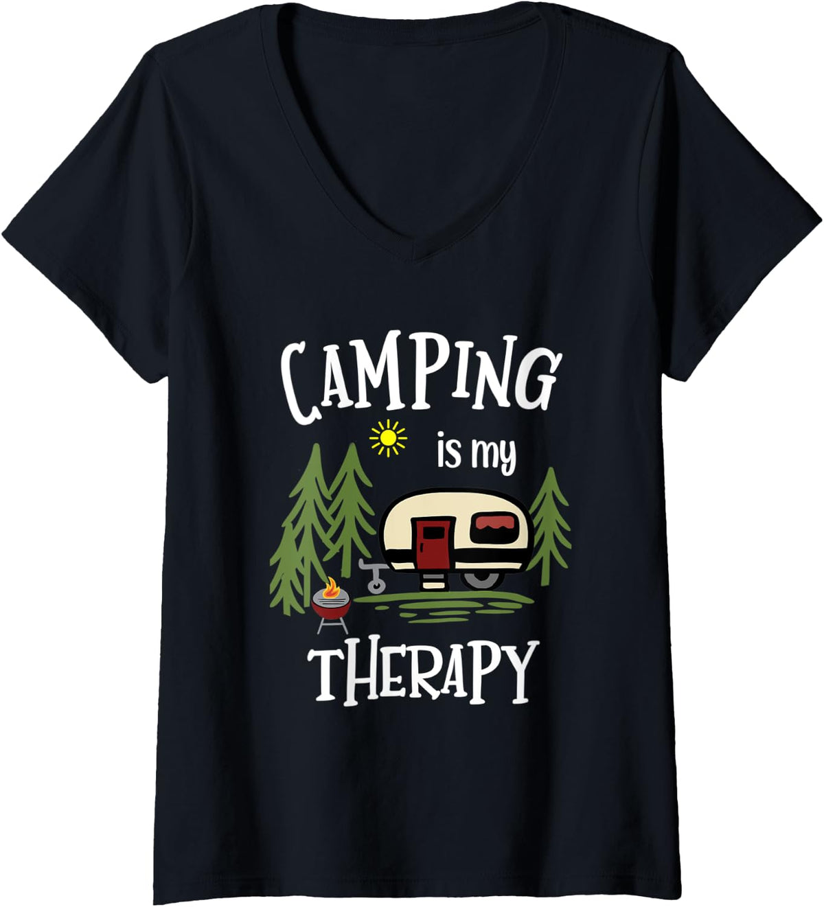 Womens Awesome Camping is my Therapy Camping Shirt with Saying V-Neck T-Shirt - Black
