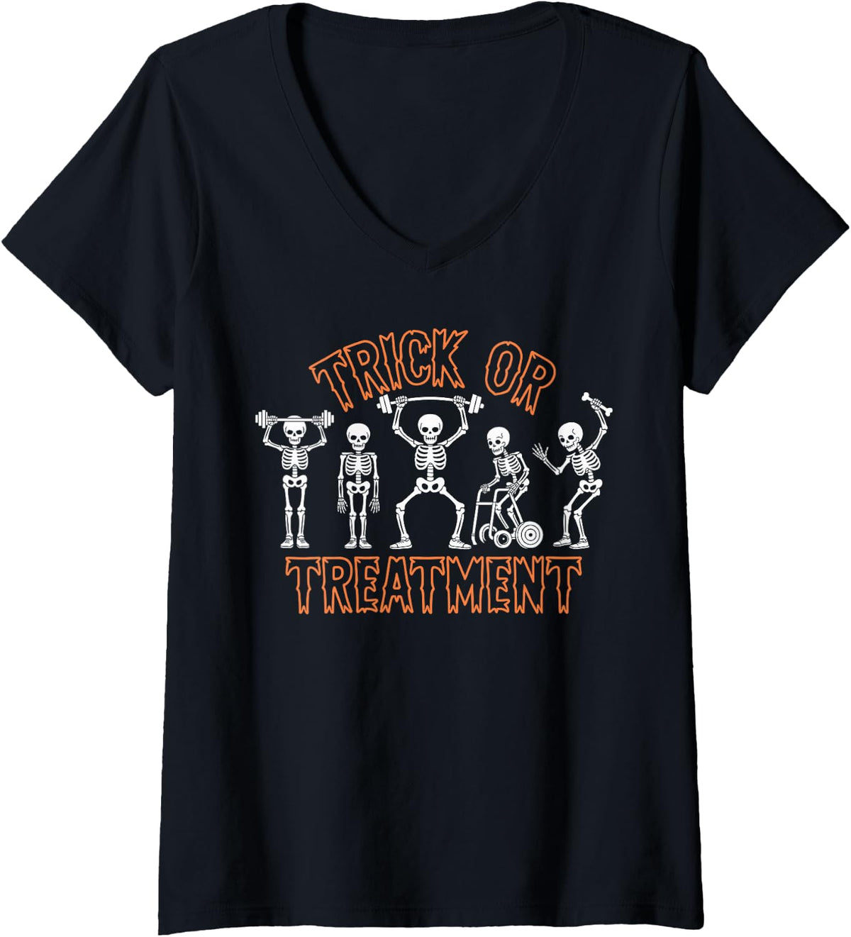 Women's Trick Or Treatment Halloween Physical Therapy Skeleton PT V-Neck T-Shirt - Black