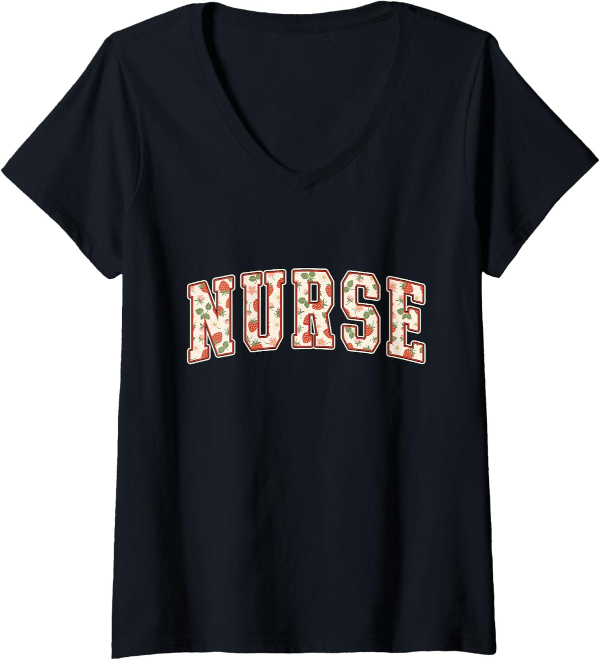 Women's Nurse Strawberry Varsity Letters RN Nursing School V-Neck T-Shirt - Black