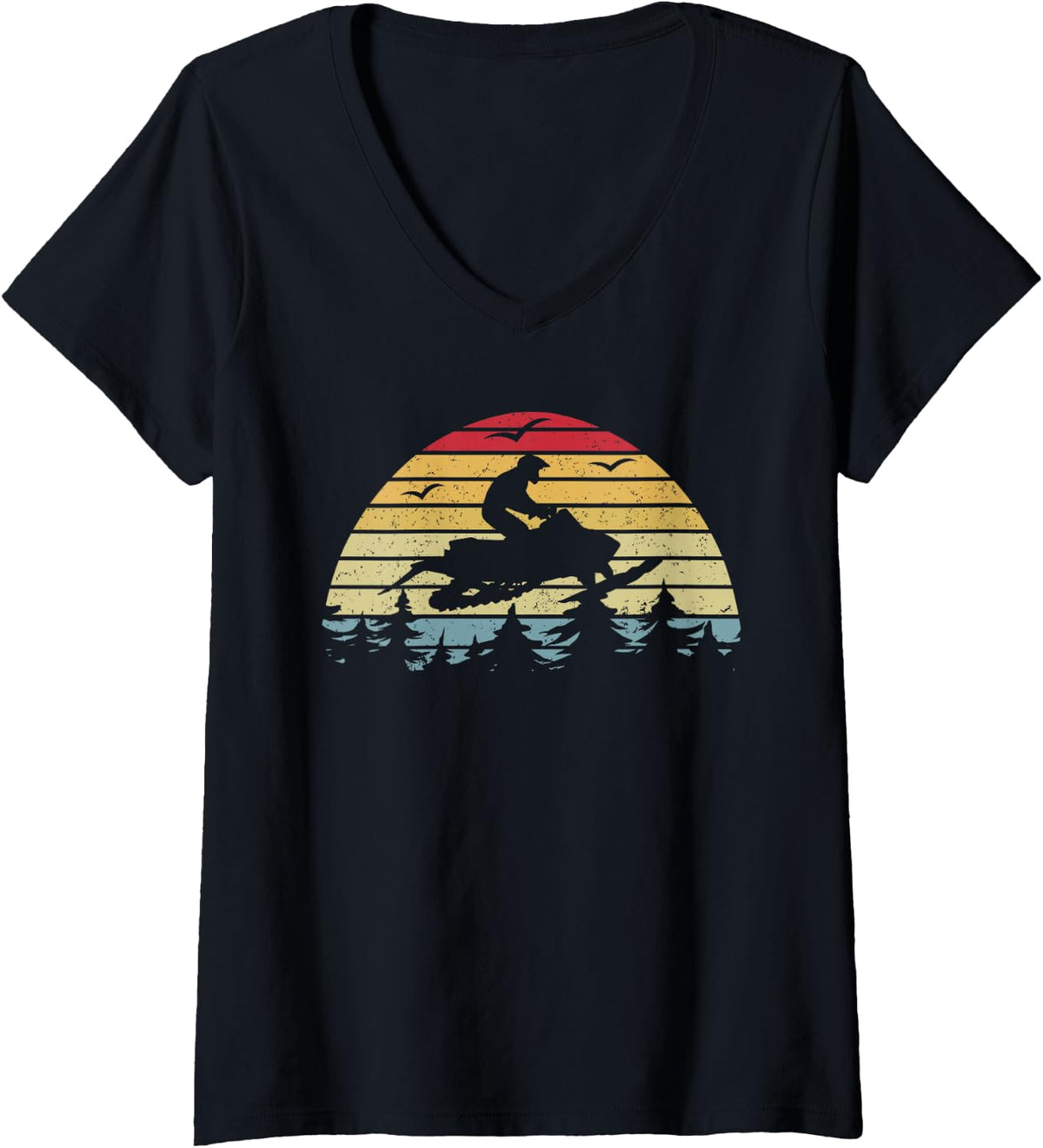 Women's Snowmobile Retro Snowmobile Mountain Snowmobiling V-Neck T-Shirt - Black