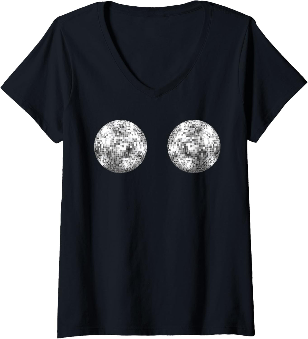 Women's Funny Disco Ball Bikini Bra Cute 90s Disco Ball Graphics V-Neck T-Shirt - Black