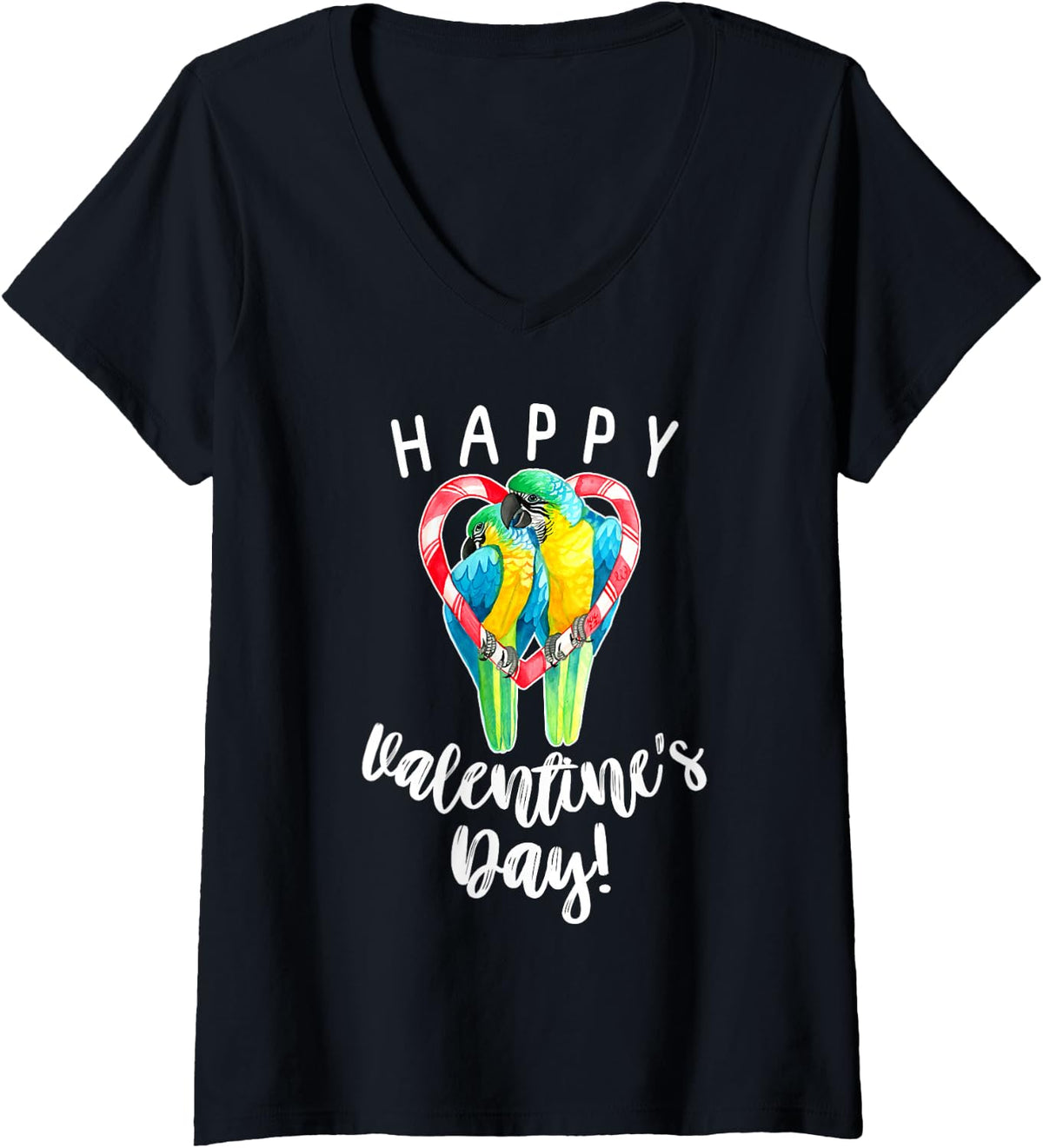 Women's Happy Valentine's Day Blue and Gold Macaw Parrot Couple V-Neck T-Shirt - Black