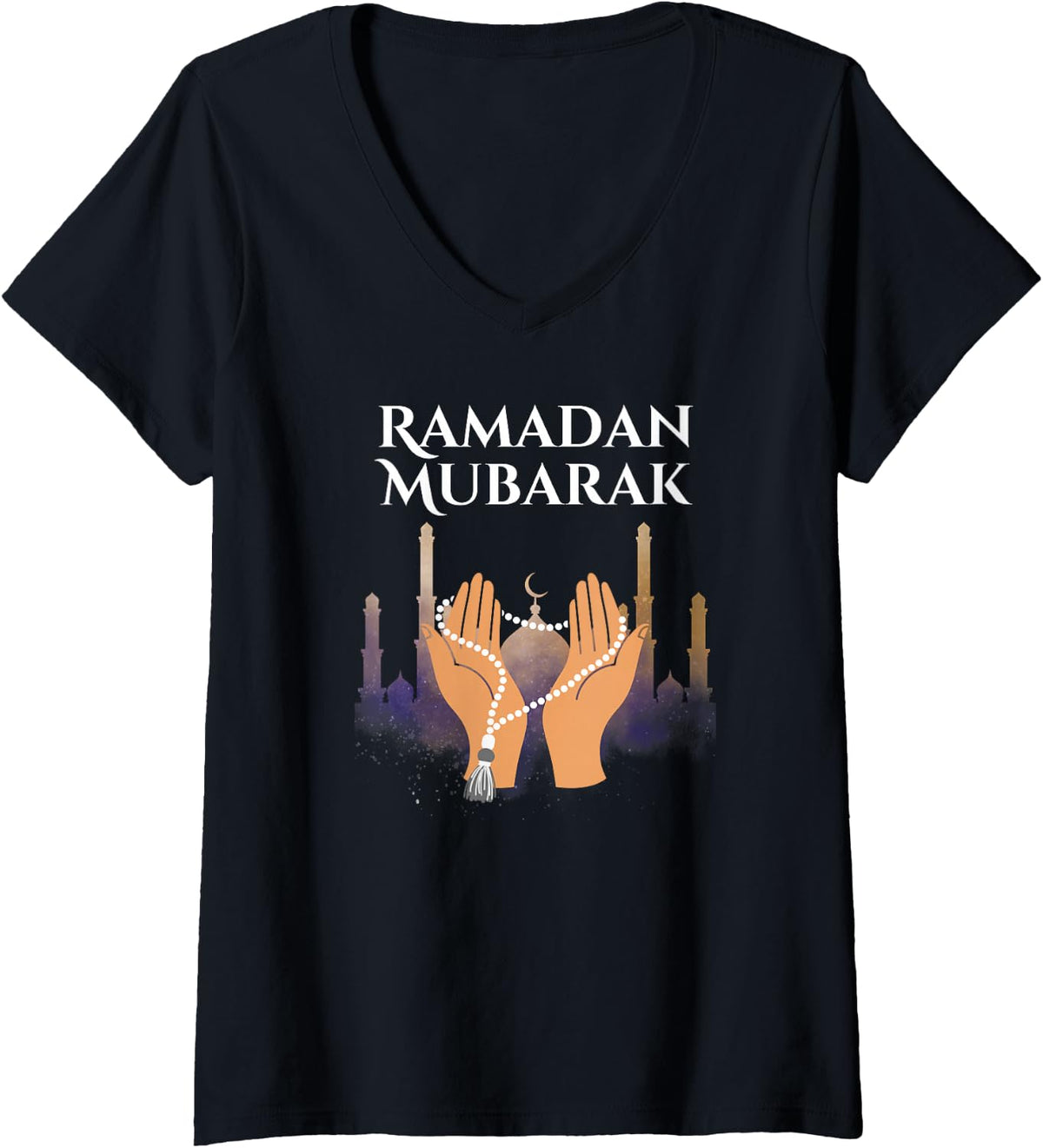 Women's Ramadan Mubarak Kareem, Happy Ramadan Karim V-Neck T-Shirt - Black