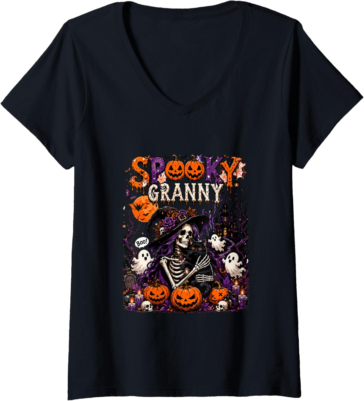 Women's Spooky Halloween Granny Horror Skeleton As Witch Boo Ghost V-Neck T-Shirt - Black