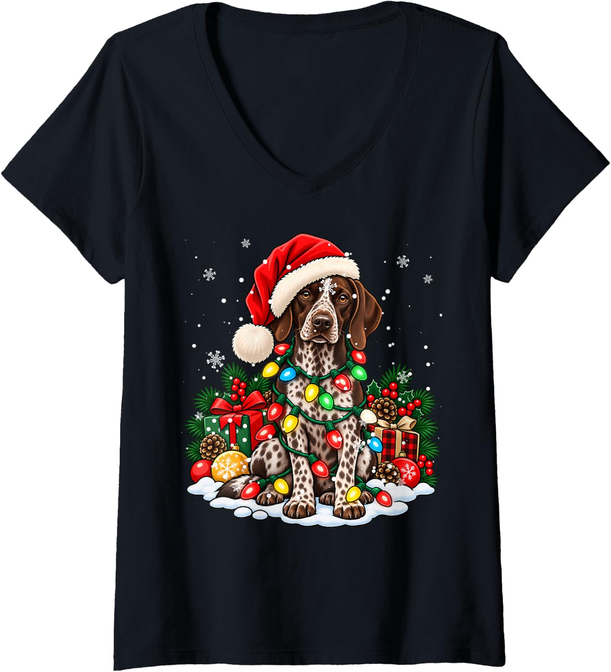 Women's German Shorthaired Pointer Dog Santa Hat Christmas Xmas V-Neck T-Shirt - Black