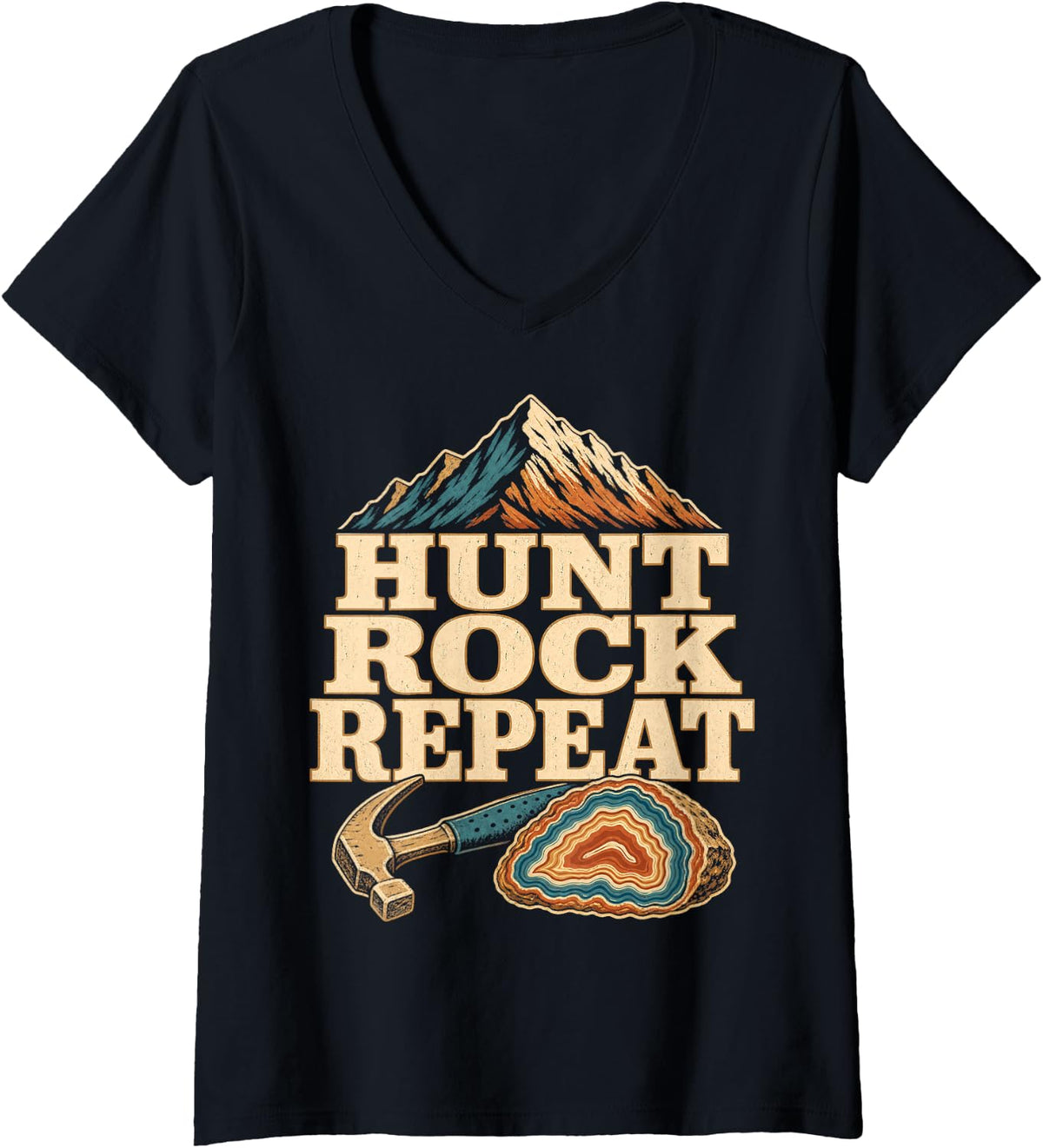 Women's Hunt Rock Repeat Geology Mountain Rockhound V-Neck T-Shirt - Black