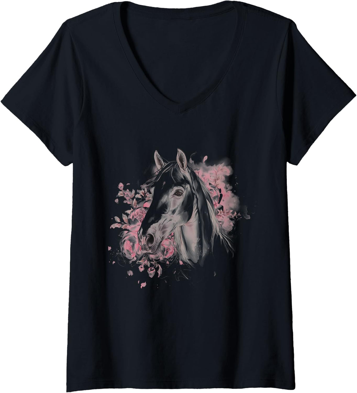 Women's Horse White Pink Flowers Horseback Riding Equestrian V-Neck T-Shirt - Black