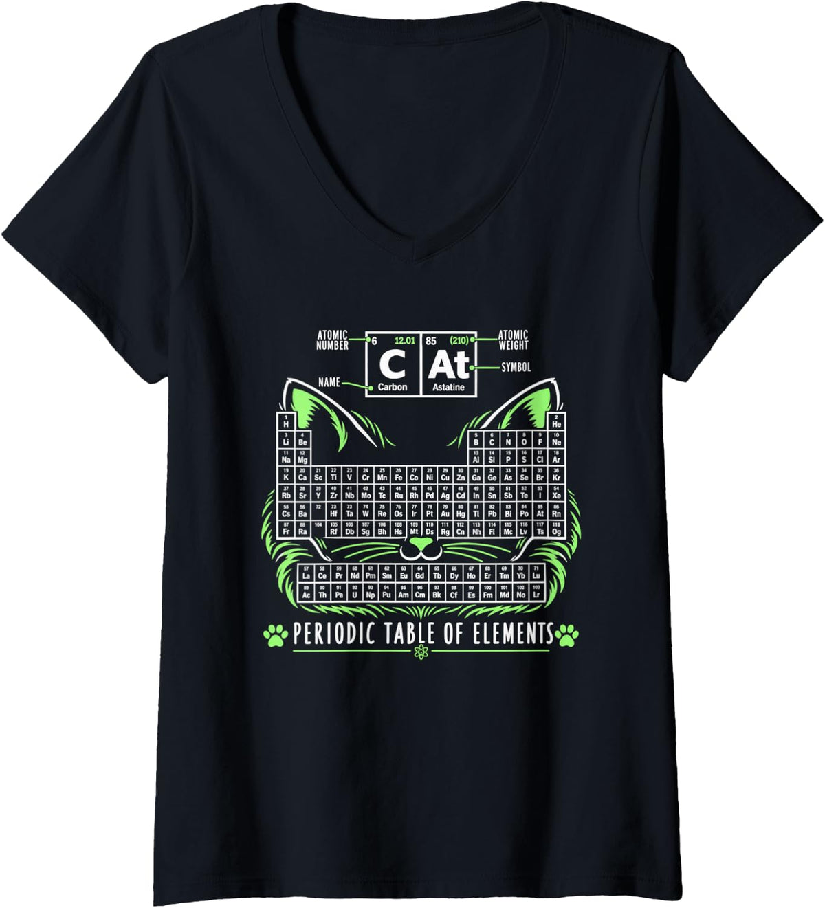 Women's Chemistry Cat Periodic Table of Elements Science Teacher V-Neck T-Shirt - Black