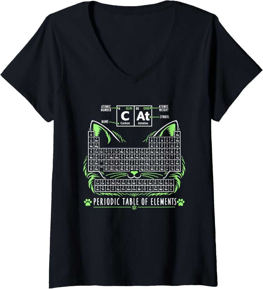 Women's Chemistry Cat Periodic Table of Elements Science Teacher V-Neck T-Shirt - Black