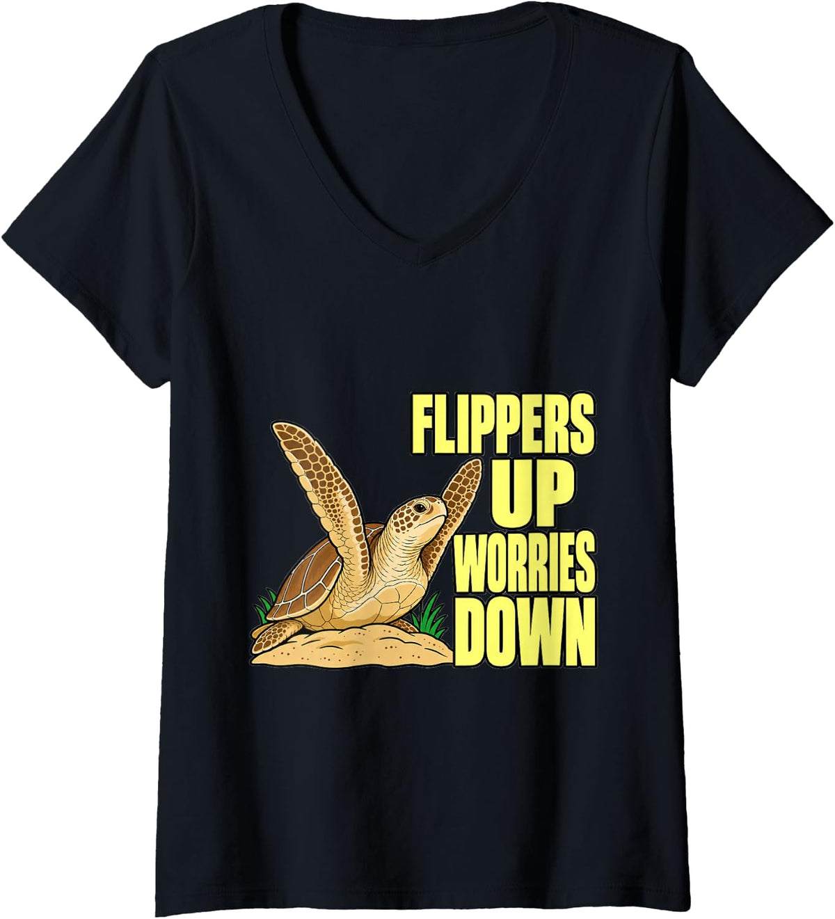 Women's Sea Turtle Flippers Up Worries Down Reef Diver Fans V-Neck T-Shirt - Black