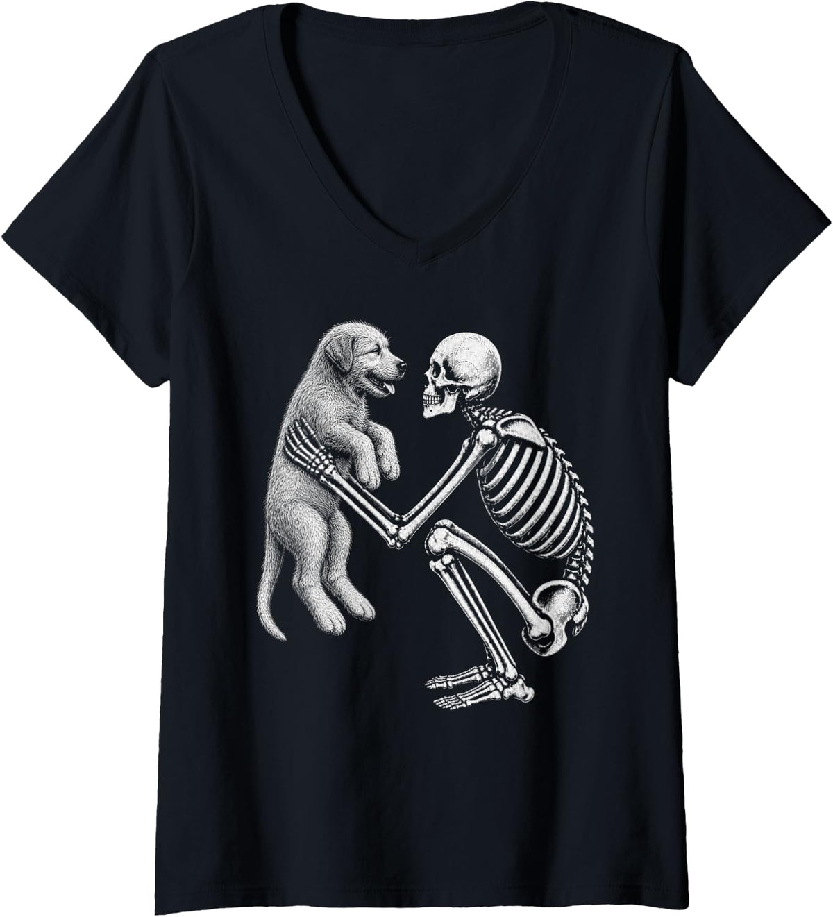 Women's Skeleton Holding Irish Wolfhound Retro Halloween Dog V-Neck T-Shirt - Black