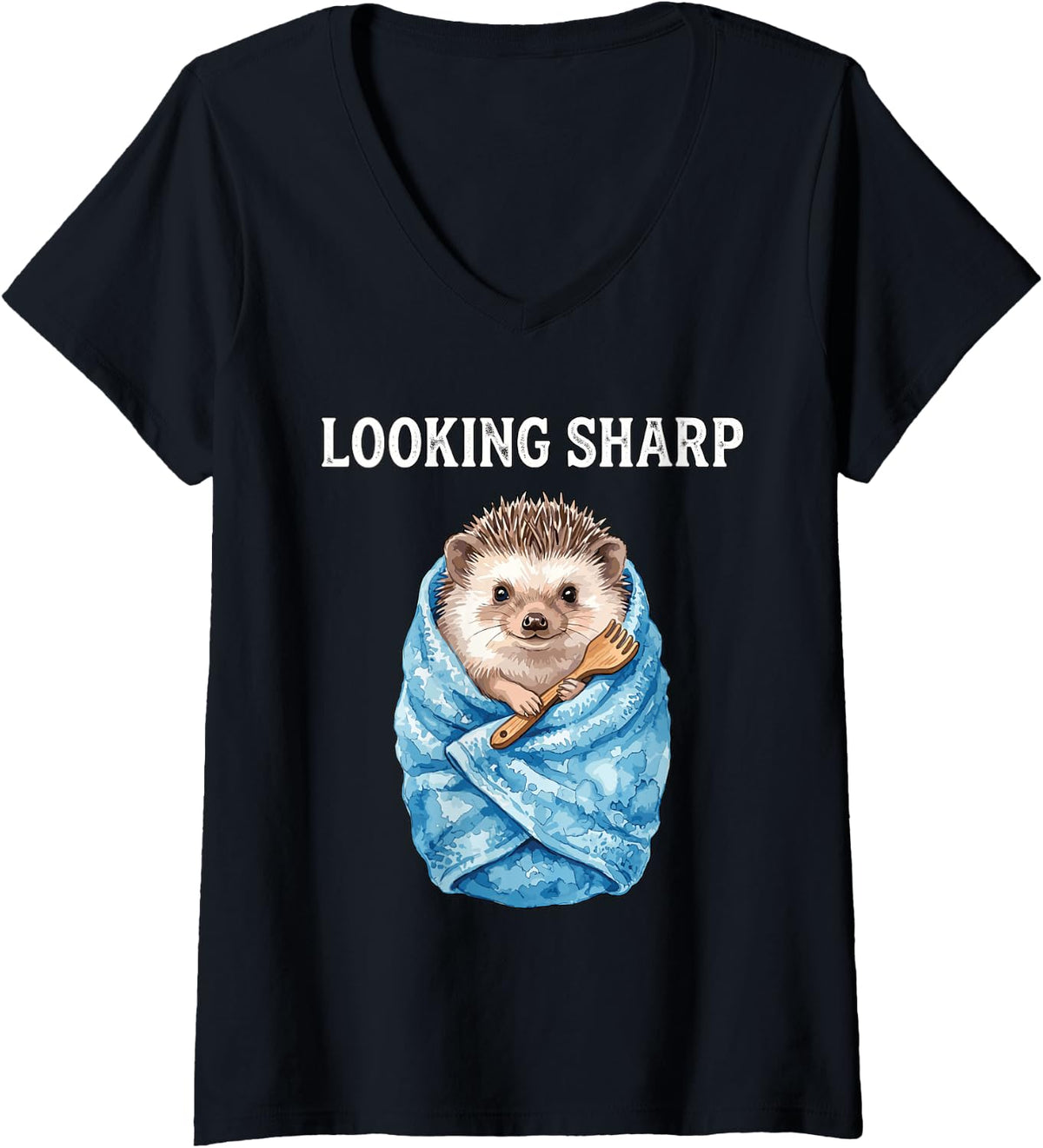 Women's Looking Sharp Funny Hedgehog Spa Bath Animal Humorous Puns V-Neck T-Shirt - Black