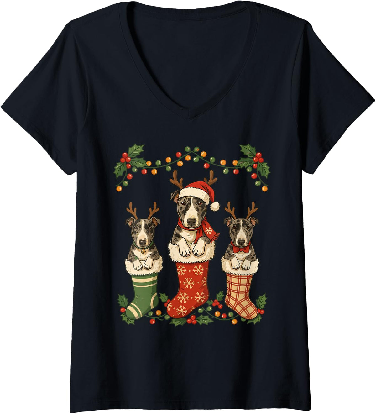 Women's Festive Bull Terrier Christmas Stocking Puppy Fur Baby Mom V-Neck T-Shirt - Black