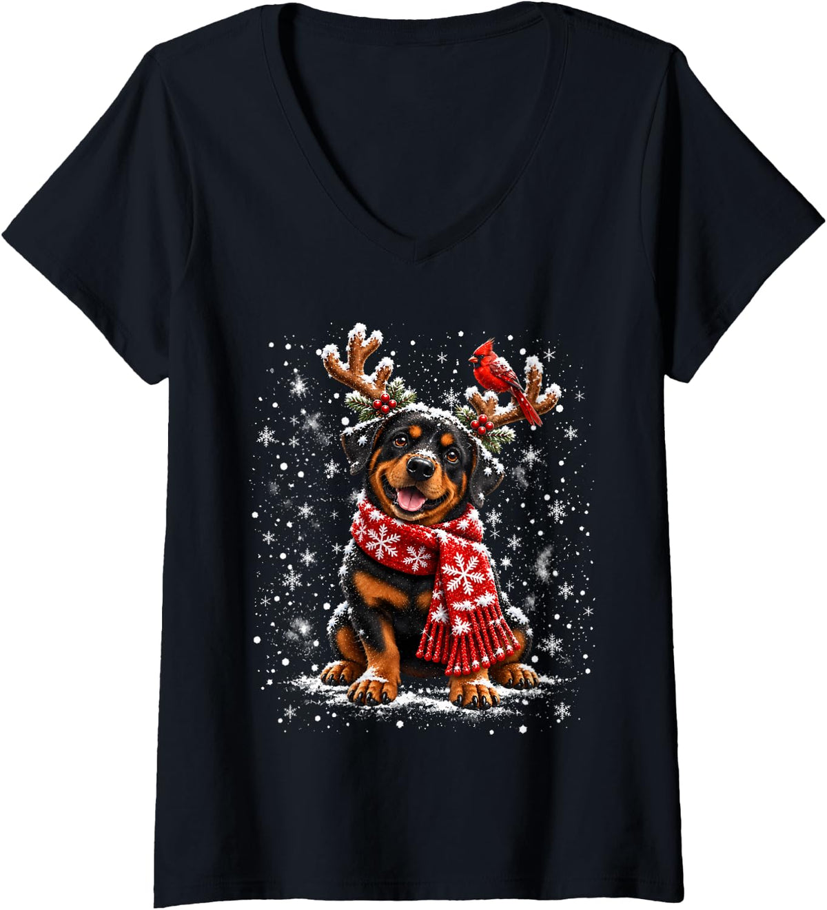 Women's Christmas Rottweiler Dog Lover Festive Reindeer Dog V-Neck T-Shirt - Black