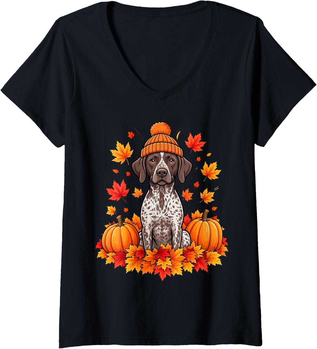 Women's Cute German Shorthaired Pointer Fall Scarf Autumn Leaves V-Neck T-Shirt - Black