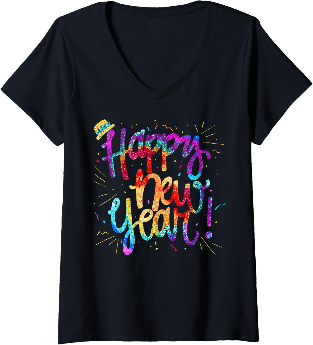 Women's Happy New Year NYE Party 2025 Funny New Years Eve Confetti V-Neck T-Shirt - Black