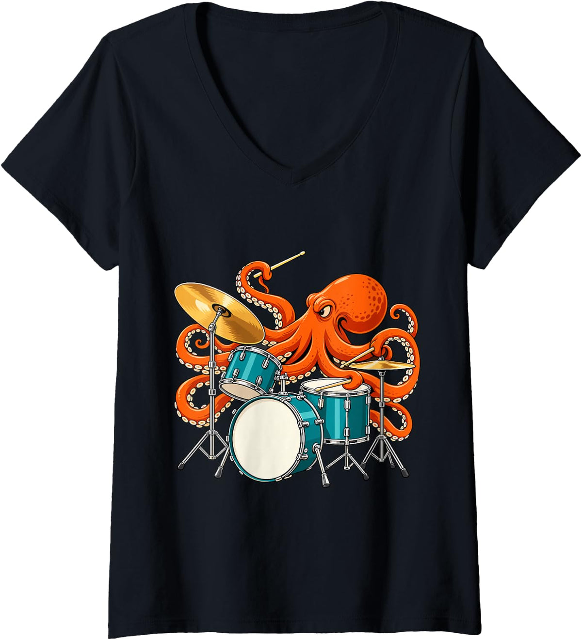 Women's Octopus Drummer Drum Musician Music Lover V-Neck T-Shirt - Black