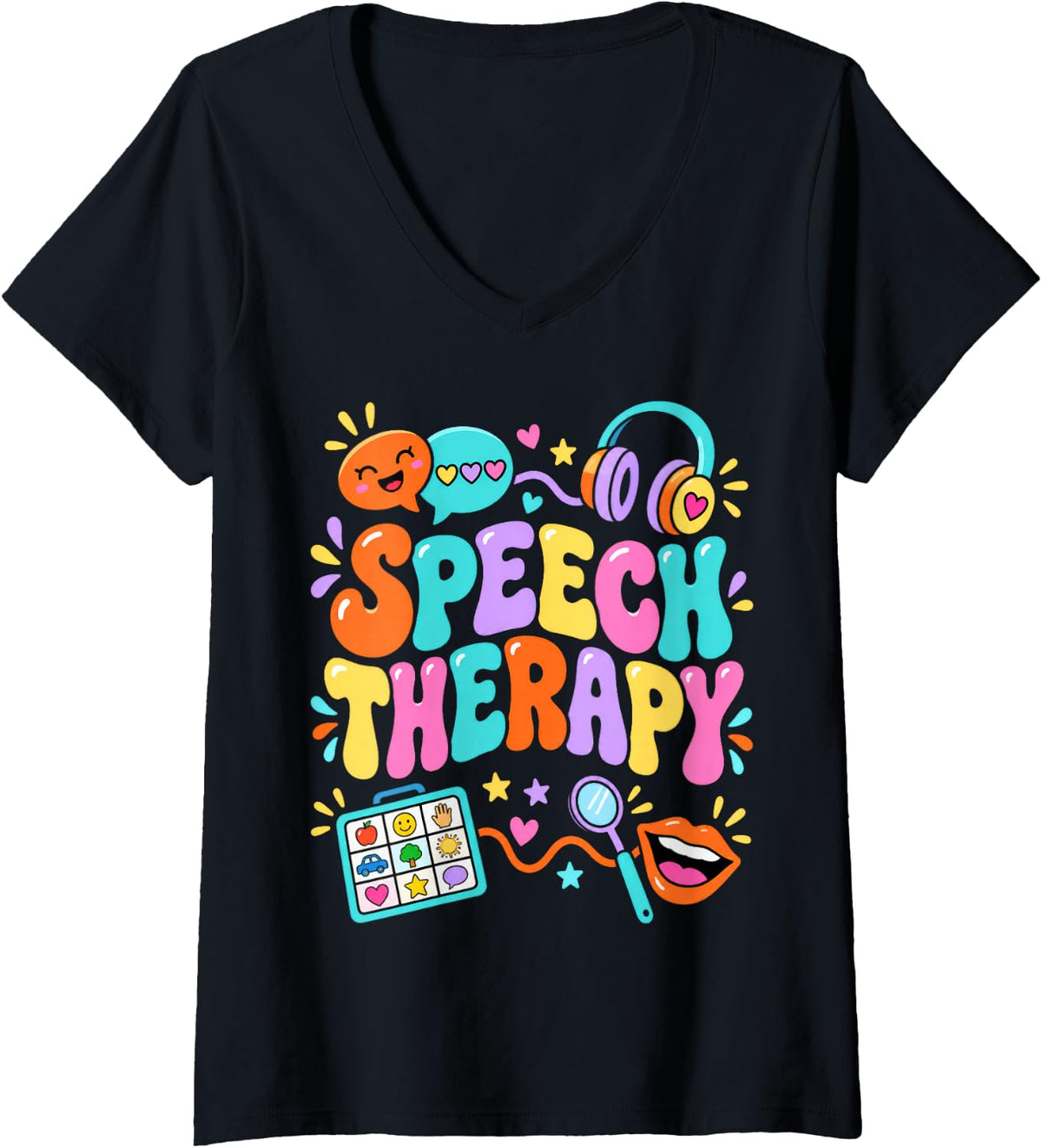 Women's Speech Therapy Communication Skills Listening Language V-Neck T-Shirt - Black