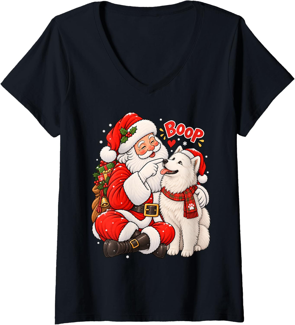 Women's Funny Samoyed Boop Santa Christmas V-Neck T-Shirt - Black