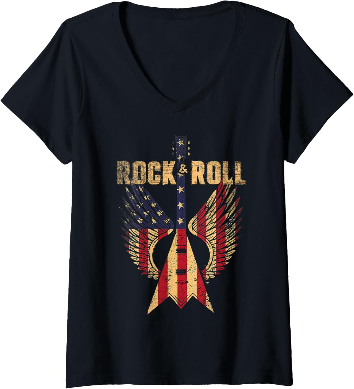Womens Vintage Rock and Roll Music Retro Rock'n'Roll American Flag V-Neck T-Shirt - Black