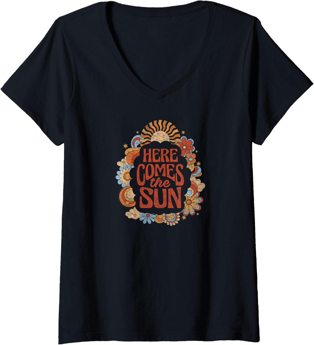 Women's The Beatles - Here Comes The Sun Retro Vintage Flowers V-Neck T-Shirt - Black