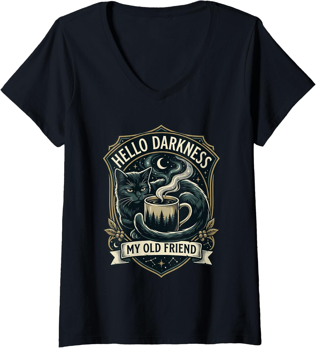 Women's Hello Darkness My Old Friend Vintage Black Cat Coffee Badge V-Neck T-Shirt - Black