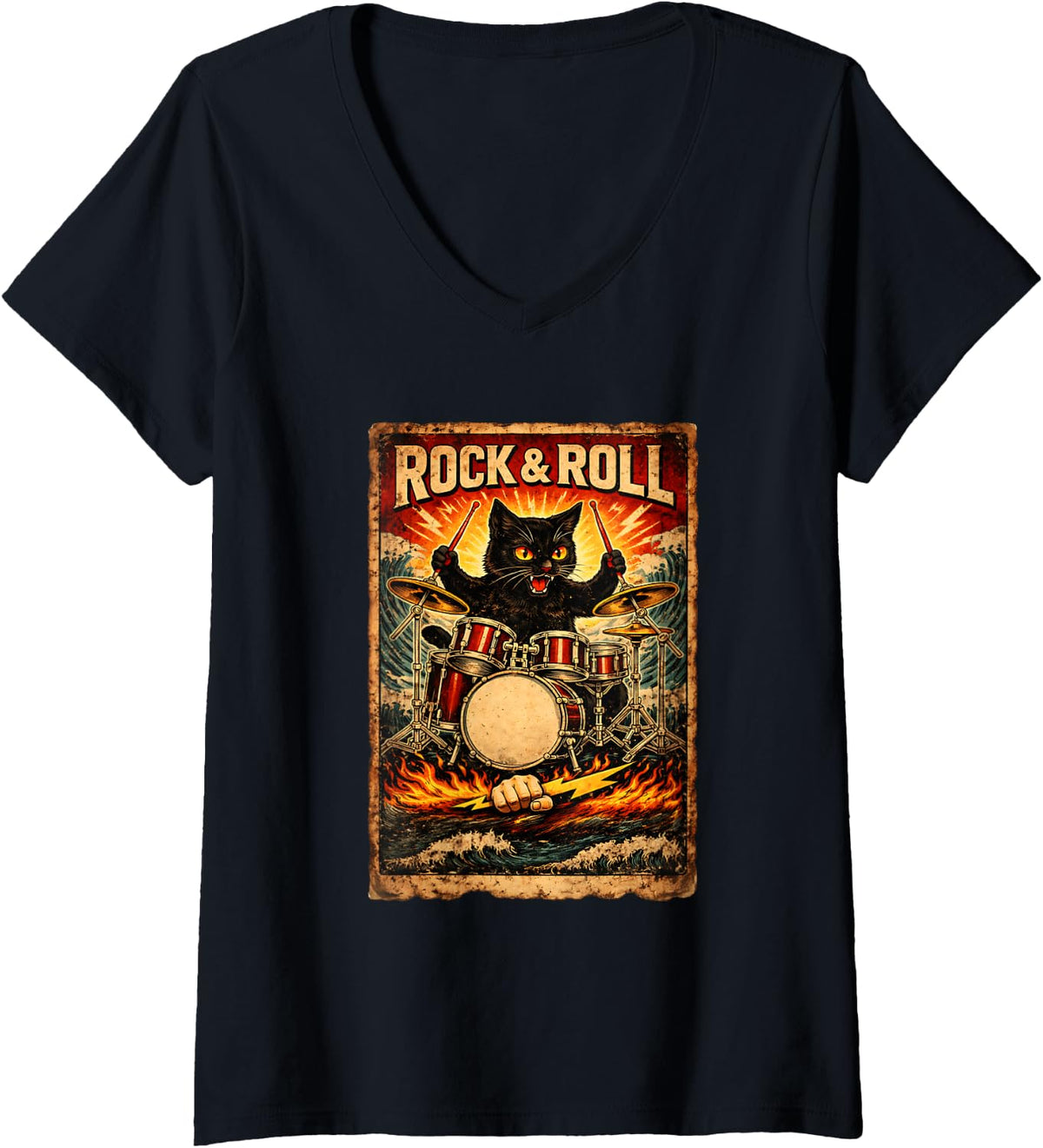 Women's Black Cat Playing Drums Rock Vintage Rocker Drummer Cat V-Neck T-Shirt - Black