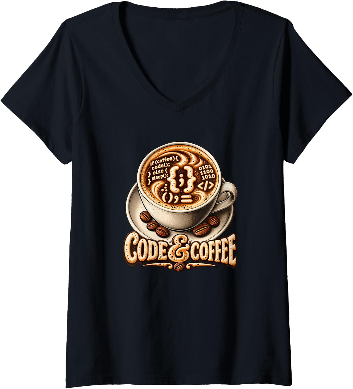 Women's Code & Coffee – Caffeine Powered Coding Humor V-Neck T-Shirt - Black