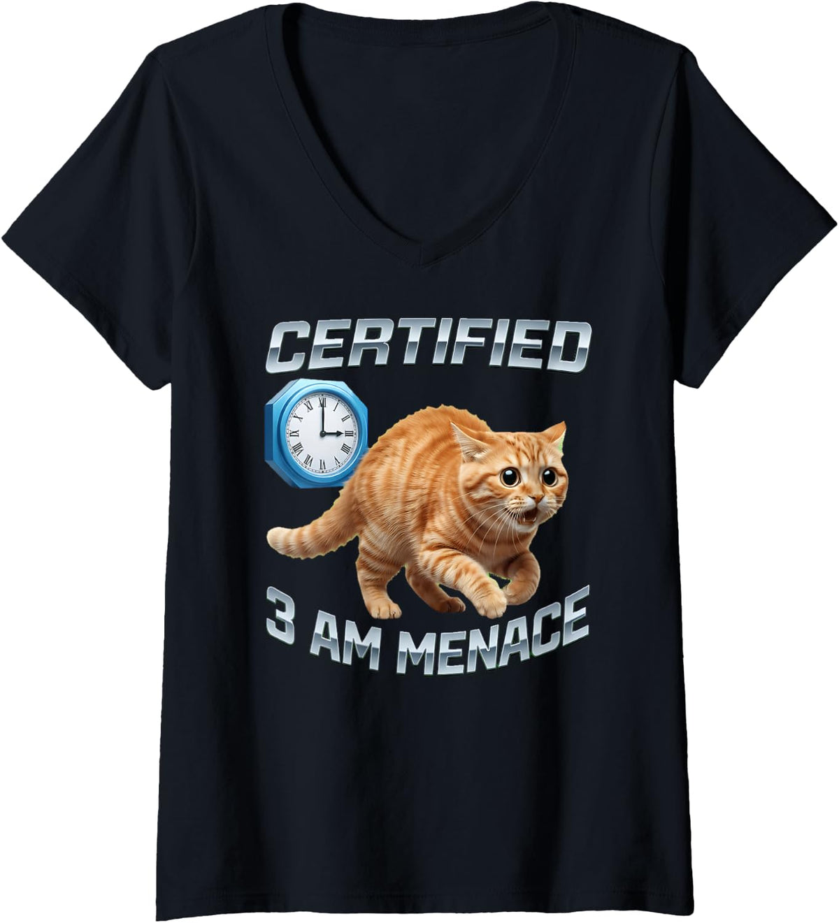 Women's 3 Am Menace Cat Funny Humor Meme Orange Tabby Lover V-Neck T-Shirt - Black