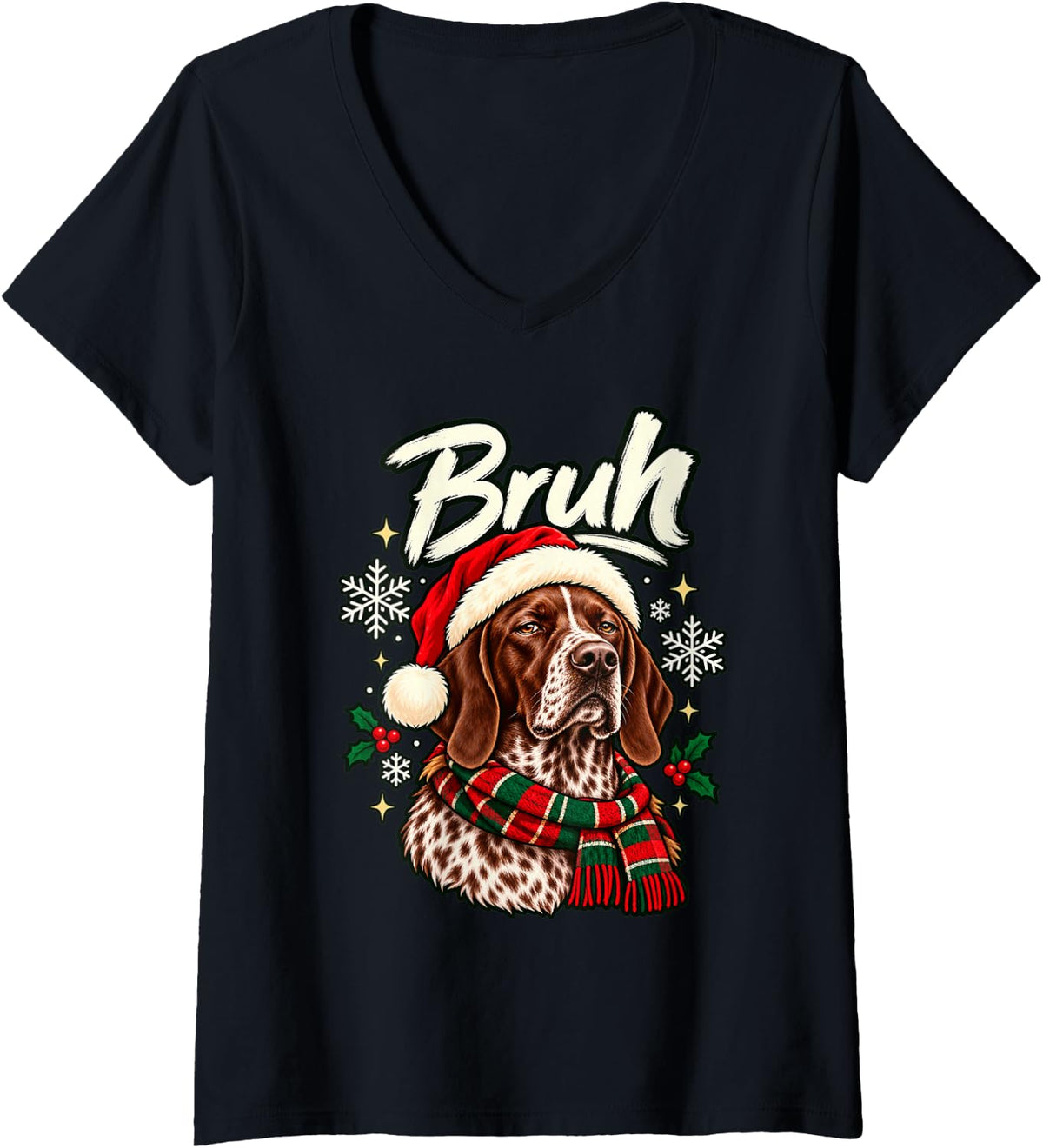 Women's Bruh German Shorthaired Pointer Grumpy Christmas Dog V-Neck T-Shirt - Black