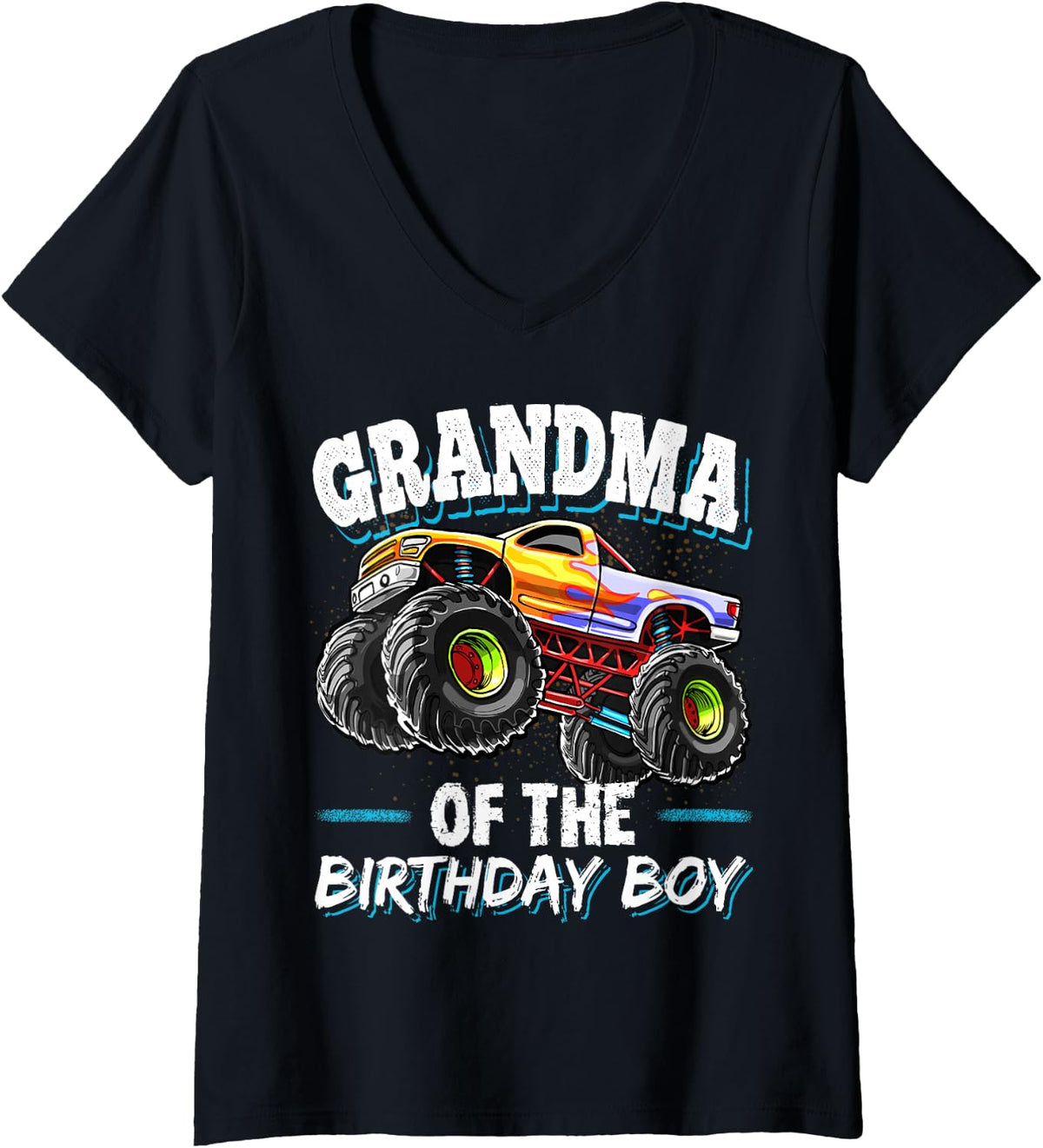 Womens Grandma of the Birthday Boy Monster Truck Birthday Party V-Neck T-Shirt - Black
