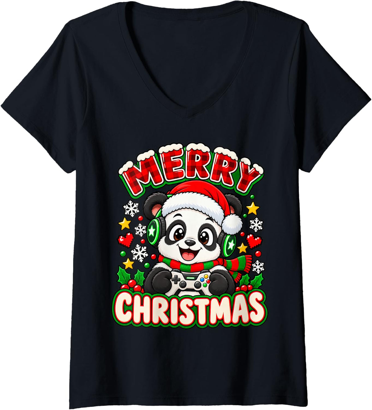 Women's Merry Christmas Festive Panda Gamer Holiday Graphic V-Neck T-Shirt - Black