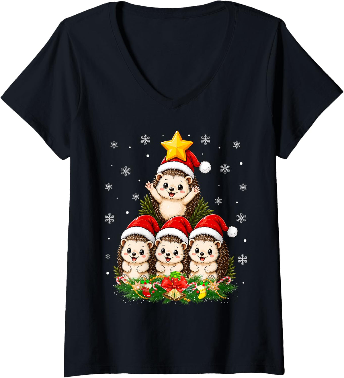 Women's Hedgehog Christmas Tree Cute Animal Festive Hedgehog Xmas V-Neck T-Shirt - Black