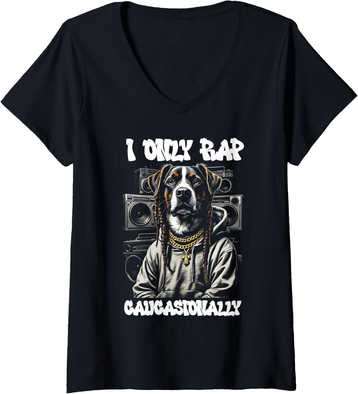 Women's I ONLY Rap Caucasionally Rap Dog Hip-Hop V-Neck T-Shirt - Black