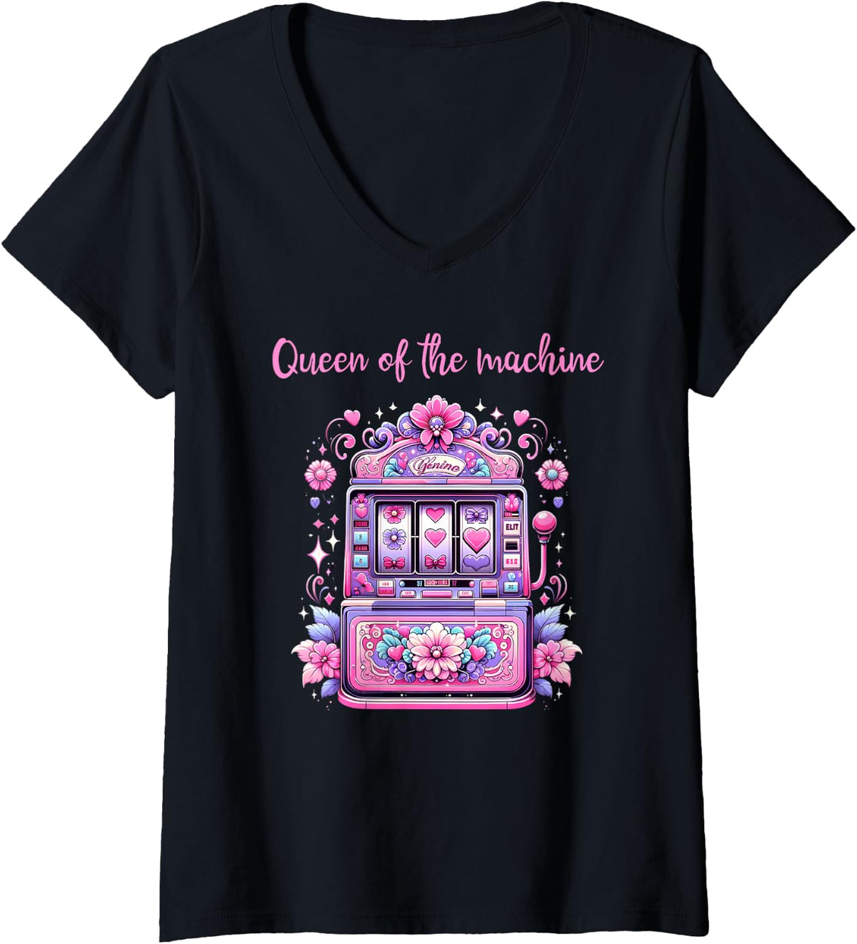 Womens Queen Of The Machine Funny Slot Machine Gambling V-Neck T-Shirt - Black