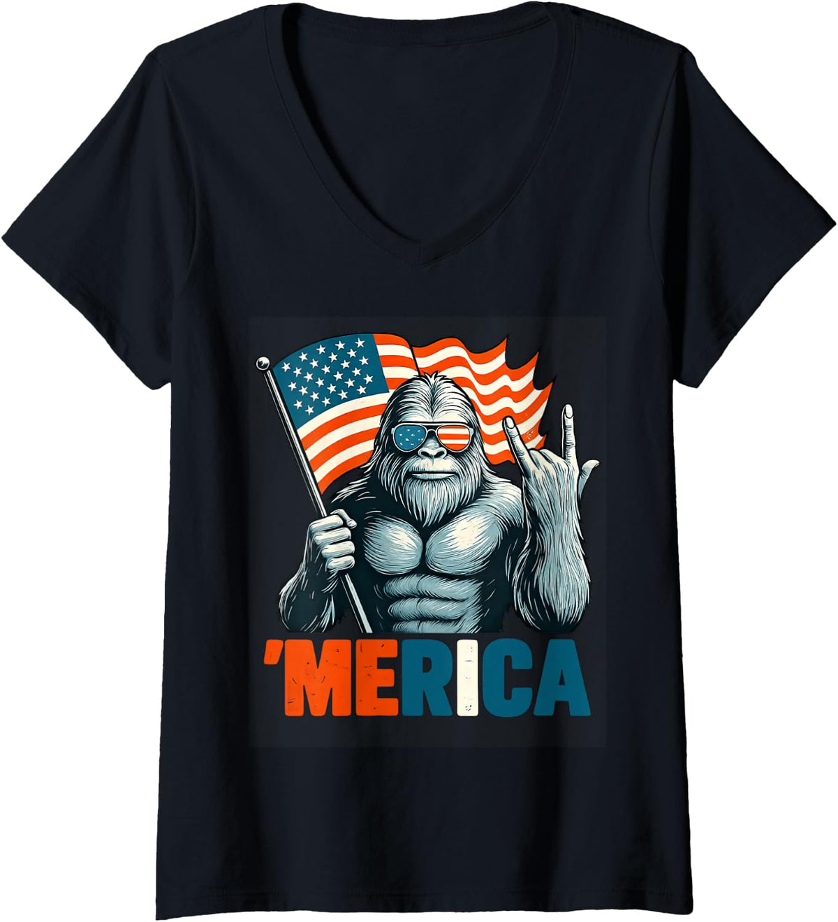Women's Bigfoot Merica Rock Patriotic American Flag 4th of July V-Neck T-Shirt - Black