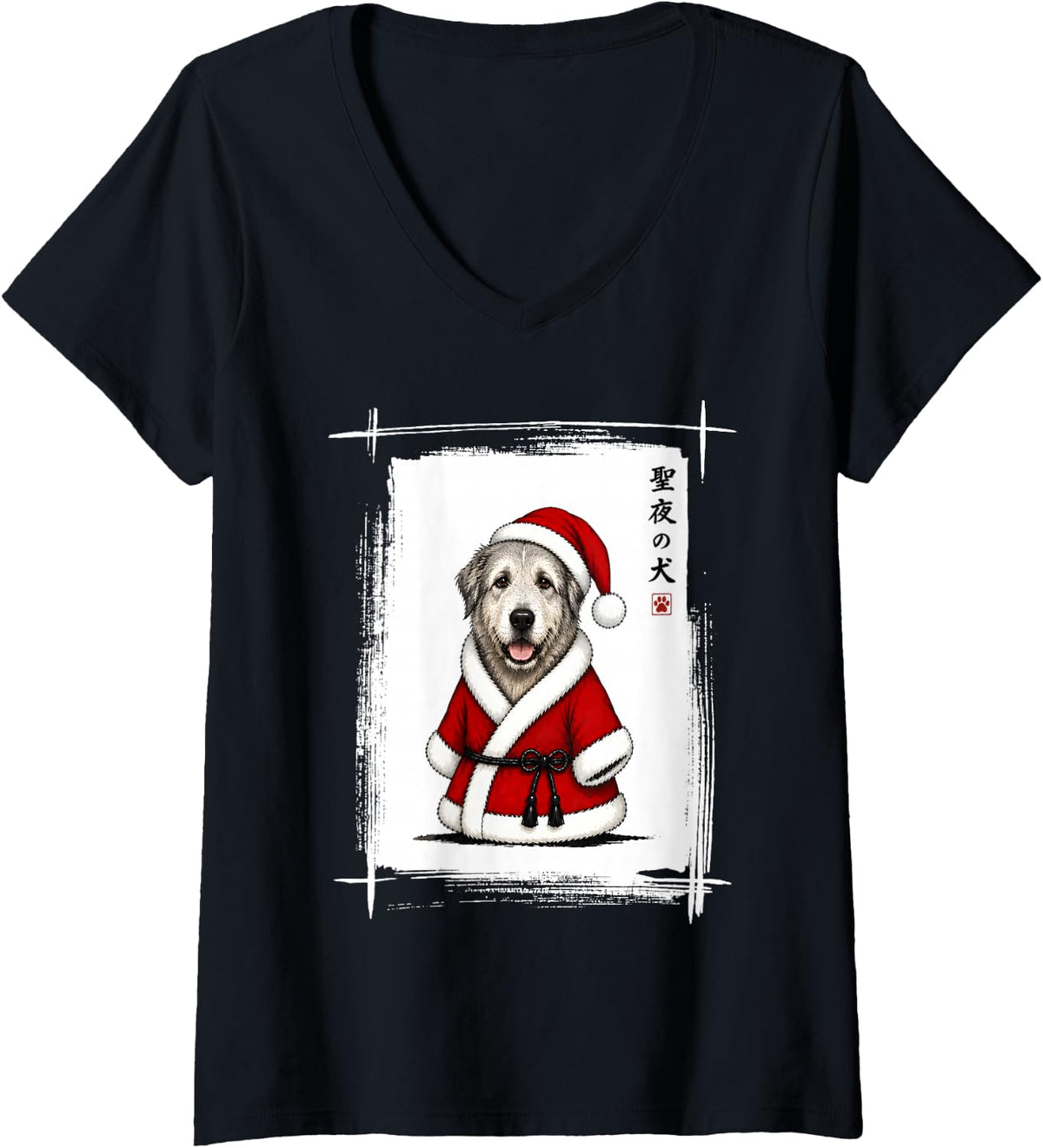 Women's Irish Wolfhound Christmas Japanese Art Funny Irish Wolfhound V-Neck T-Shirt - Black