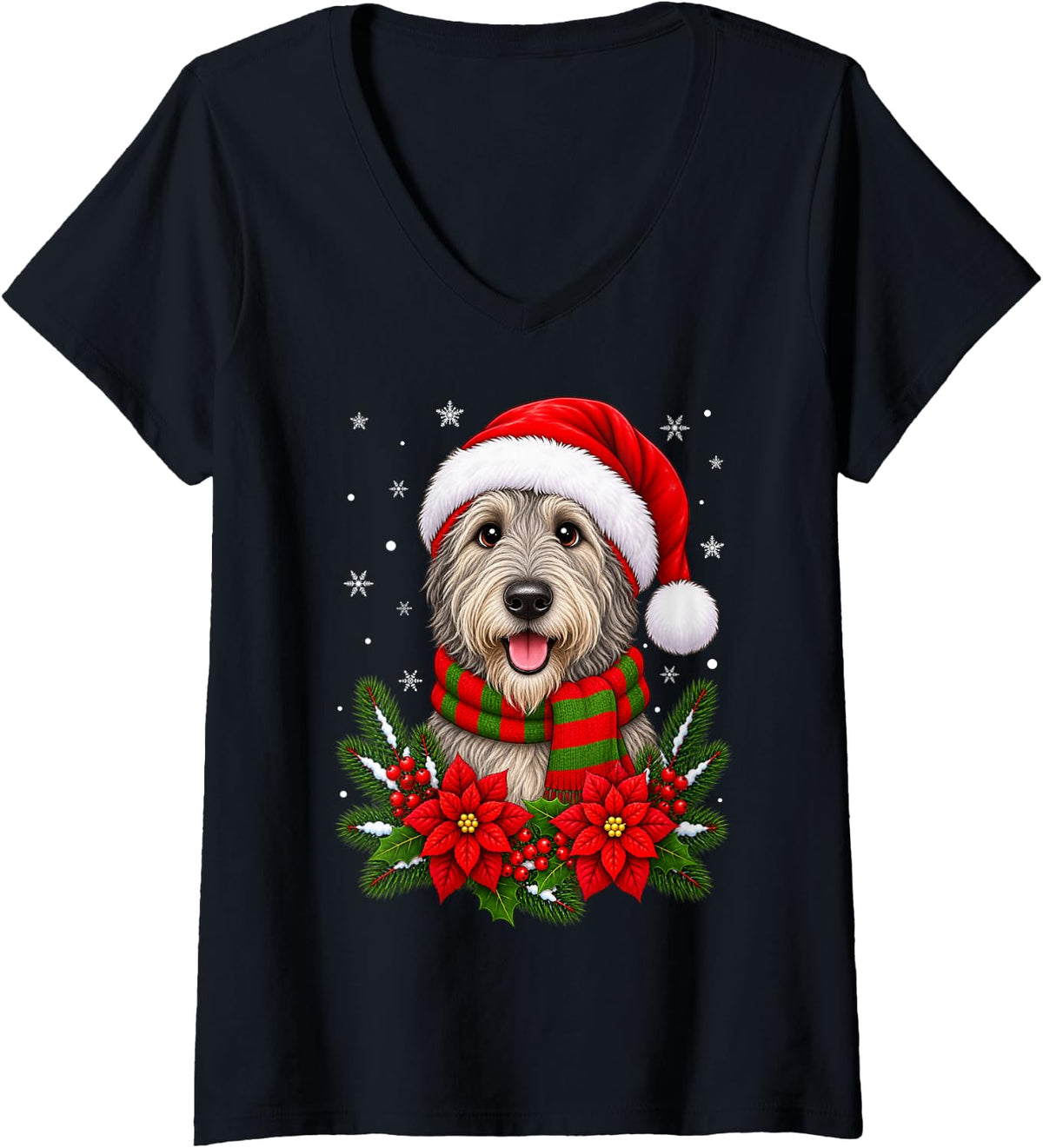Women's Cute Festive Flowers Santa Hat Irish Wolfhound Dog Christmas V-Neck T-Shirt - Black