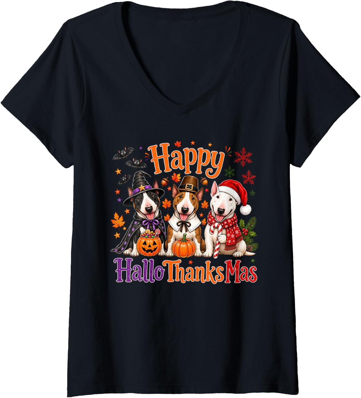 Women's Bull Terrier Happy Hallothanksmas Halloween Thanksgiving V-Neck T-Shirt - Black