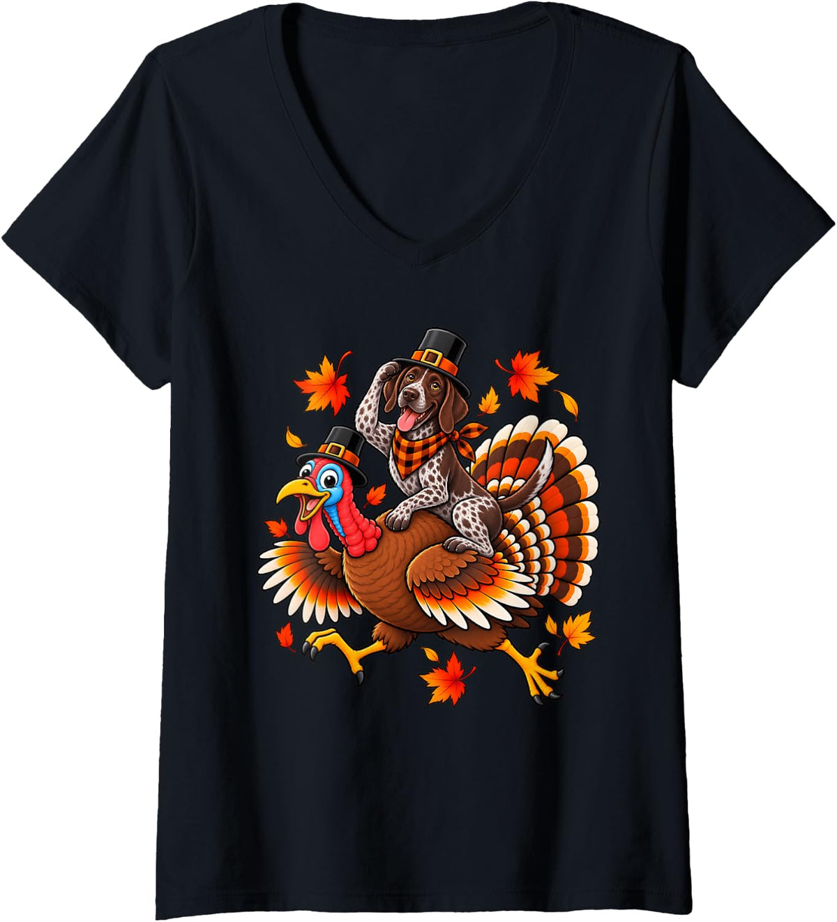Women's German Shorthaired Pointer Dog Riding Turkey Thanksgiving V-Neck T-Shirt - Black