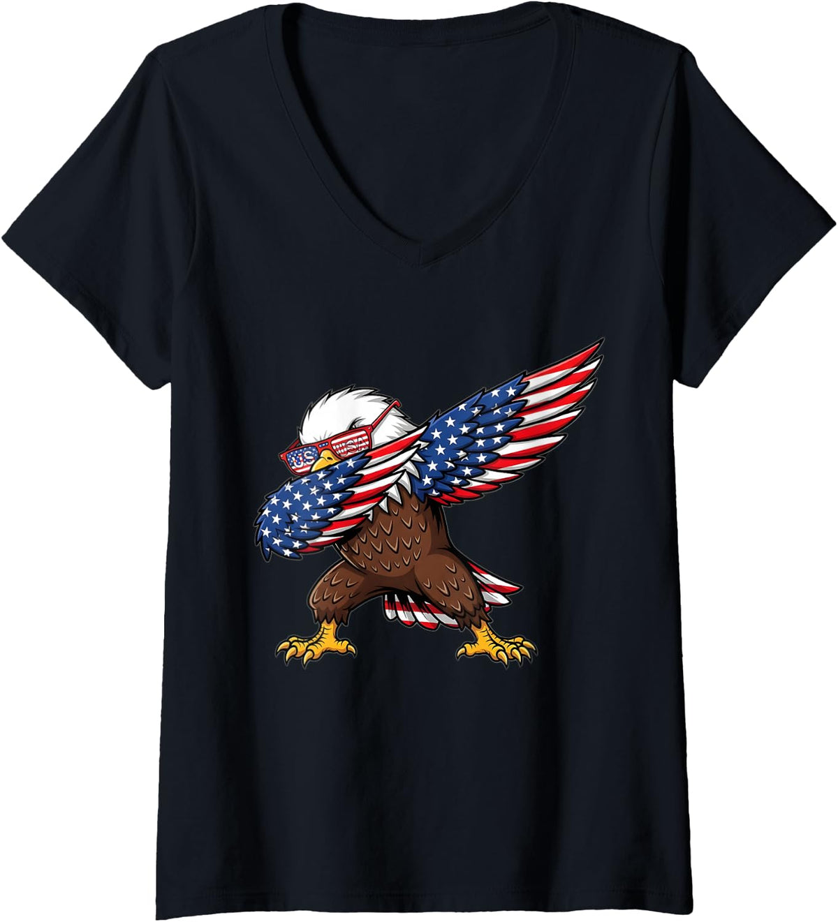 Women's Patriotic Bald Eagle Dab American Flag USA Tee 4th of July V-Neck T-Shirt - Black
