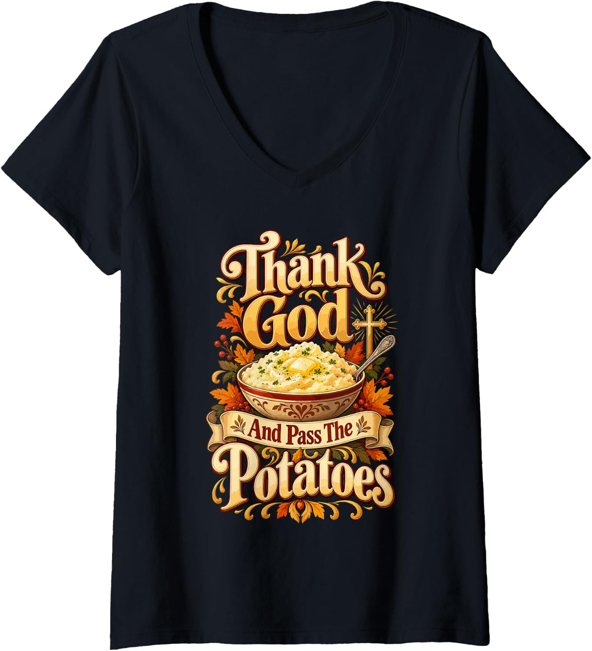 Women's Mashed Potatoes Lover Christian Cross Funny Thanksgiving V-Neck T-Shirt - Black