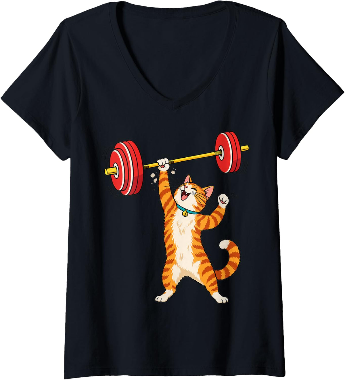 Women's Powerlifting Tabby Cat Overhead Press Gym Humor V-Neck T-Shirt - Black