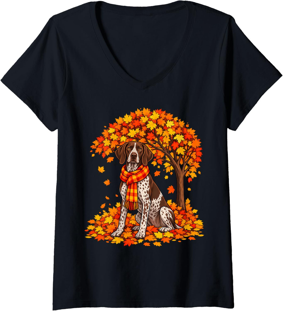 Women's German Shorthaired Pointer Tree Pumpkin Autumn Thanksgiving V-Neck T-Shirt - Black
