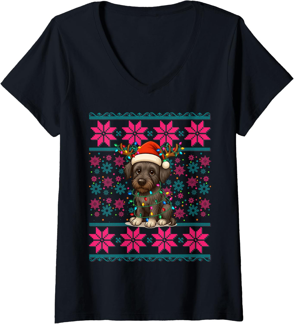 Women's Reindeer Santa Hat Ugly Christmas Irish Wolfhound Dog Girls V-Neck T-Shirt - Black