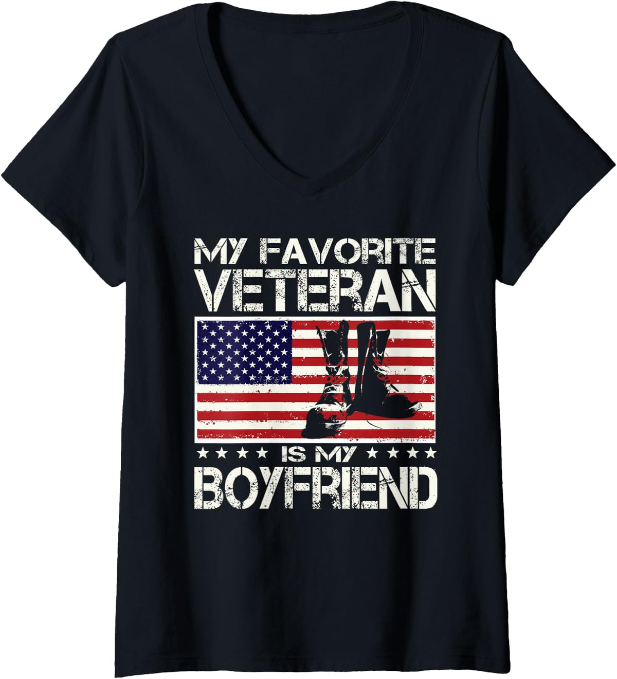 Women's My Favorite Veteran is My Boyfriend Flag Father Veterans Day V-Neck T-Shirt - Black