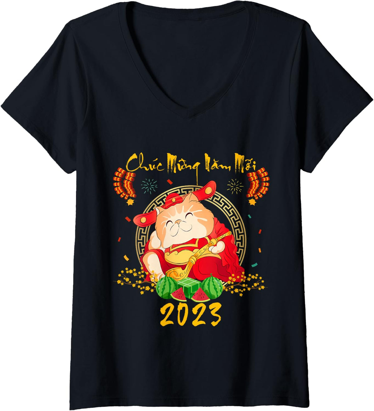 Women's Happy Vietnamese Lunar New Year 2023 Chuc Mung NAM Moi V-Neck T-Shirt - Black