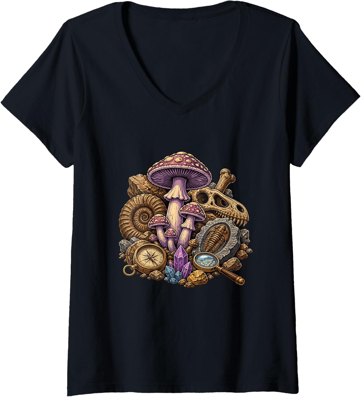 Women's Mystic Mushroom Fossil Compass Crystal Collection V-Neck T-Shirt - Black