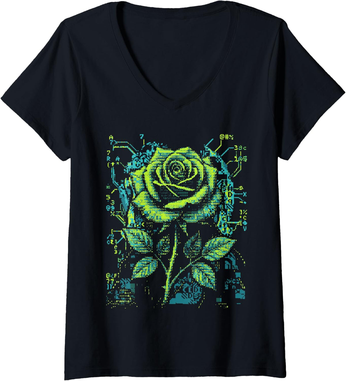 Women's ASCII Rose Pixel Art Floral Cyberpunk Aesthetic V-Neck T-Shirt - Black